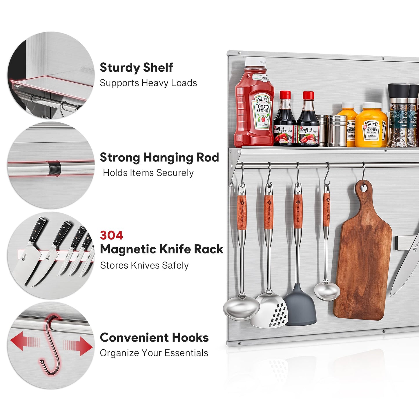 Wilprep Range Backsplash, 36"x30" Stainless Steel Backsplash with Storage Shelf & Magnetic Knife Rack, Range Hood Stainless Steel for Stove, Range Hood Wall Shield with Pre-Drilled Holes