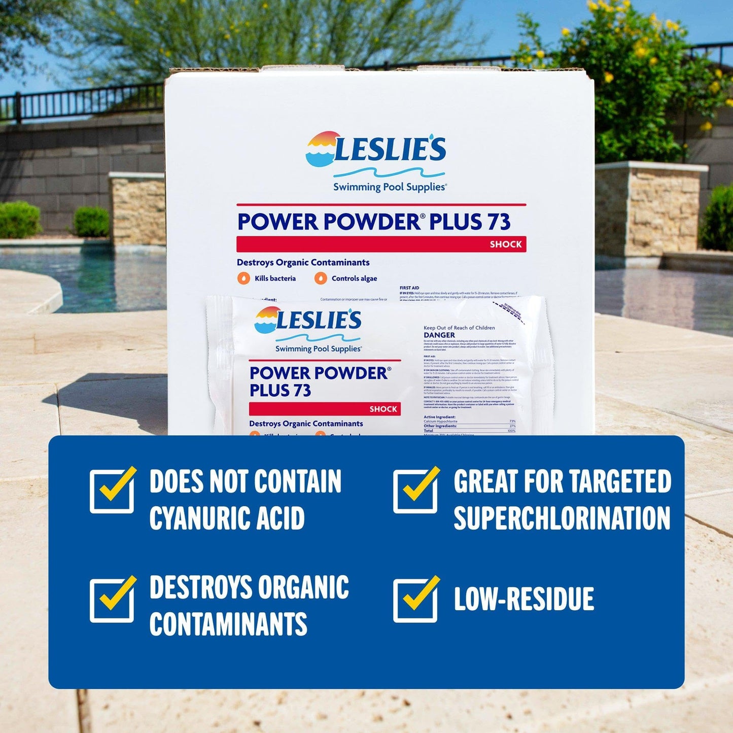 Leslie's Power Powder Plus 73-73% Calcium Hypochlorite Pool Shock, Fast-Dissolving Chlorine Granules, Eliminates Bacteria & Algae - Low Residue, Non-Stabilized, 70% Available Chlorine - 12 x 1 Pound