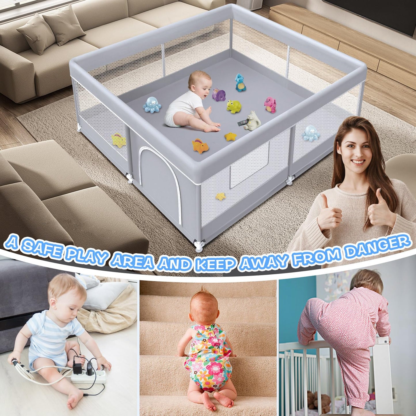 XVISHX Baby Playpen 50 x 50 Inch Play Pen Playards, Playpen for Babies and Toddlers, Baby Playard for Indoor & Outdoor Active Center Game Fence, with Skin-Friendly Fabric and Soft Breathable Mesh Grey