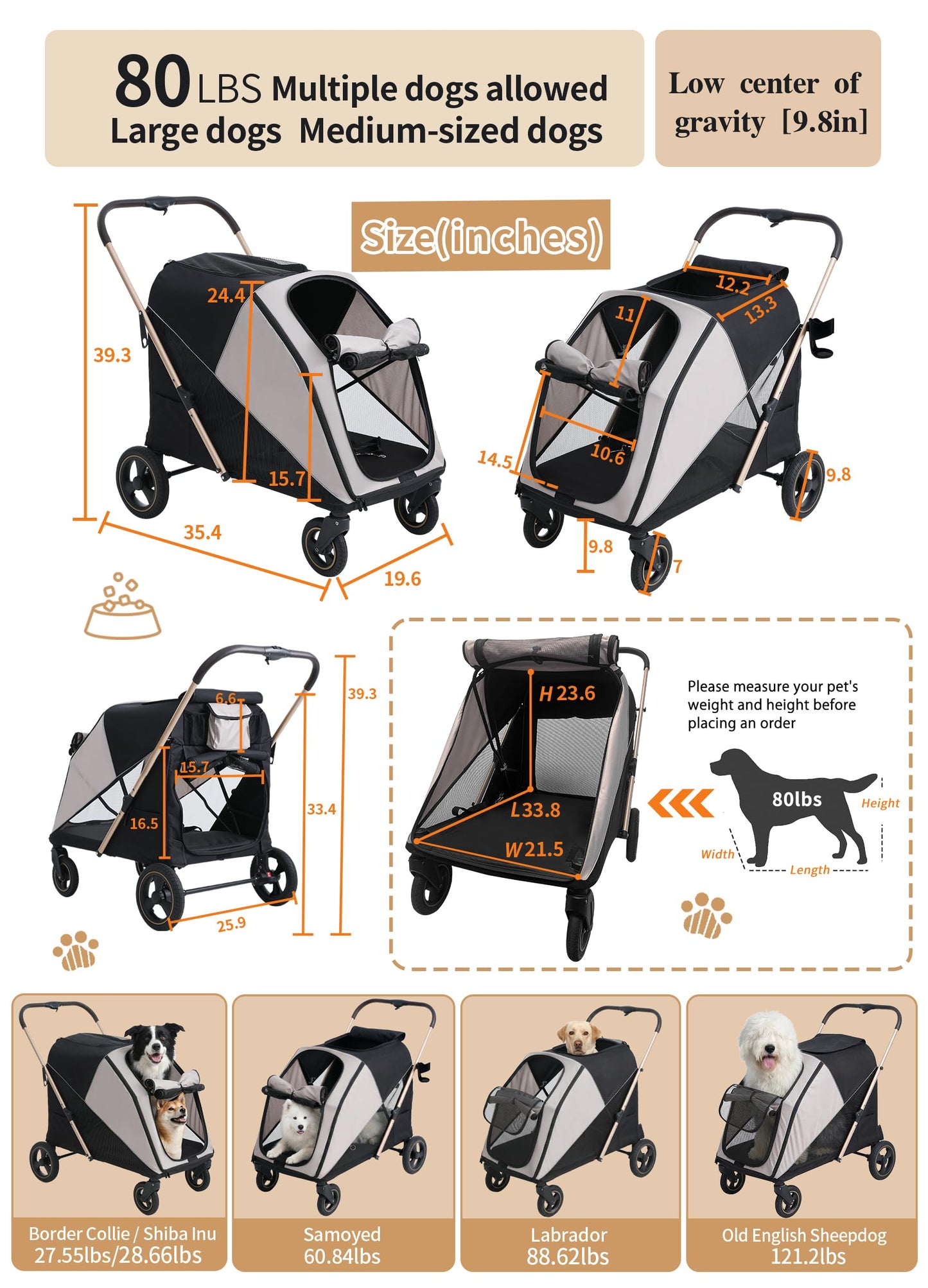 Dog Stroller for Large & Medium Dogs, One-Click Folding 4 Wheel Pet Stroller for Large Dogs up to 80lbs, Easy Fold Dual Entry with One-Foot Brake, Reflective Tape Design with Breathable mesh