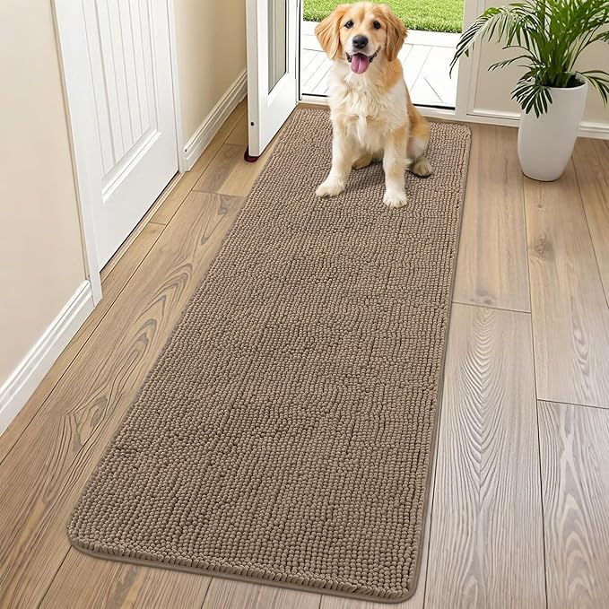 Smiry Dog Door Mat for Muddy Paws 70x24, Absorbs Moisture and Dirt Doormat, Non-Slip Washable Quick Dry Chenille Front Door Mat Indoor Entrance, Entryway Carpet for Inside Floor, Camel