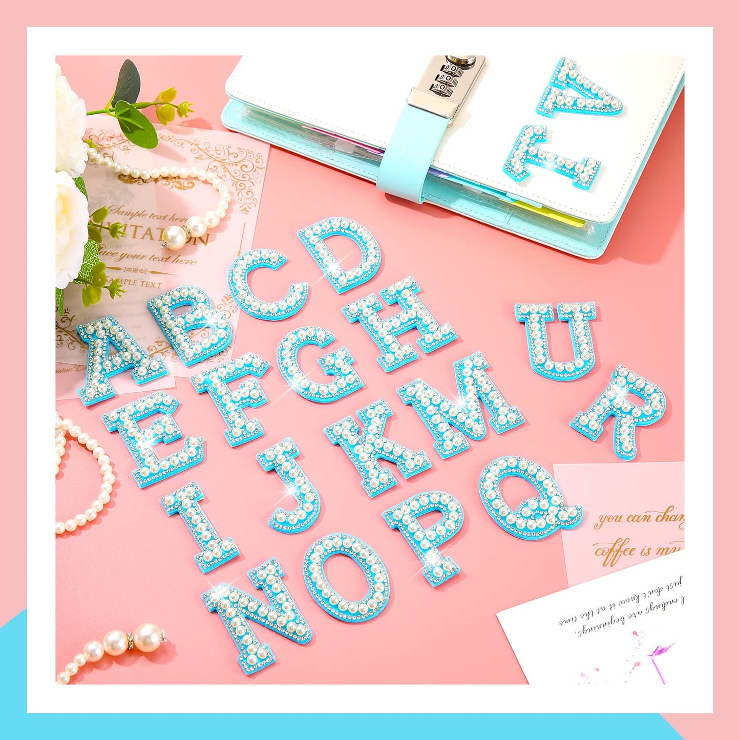 WILLBOND 52 Pieces Self Adhesive Pearl Rhinestone Letter Patches A-Z Glitter Letter Stickers Pearl Alphabet Appliques for Clothes Hat Backpack, Wedding Graduation Mother's Day DIY Crafts(Blue)