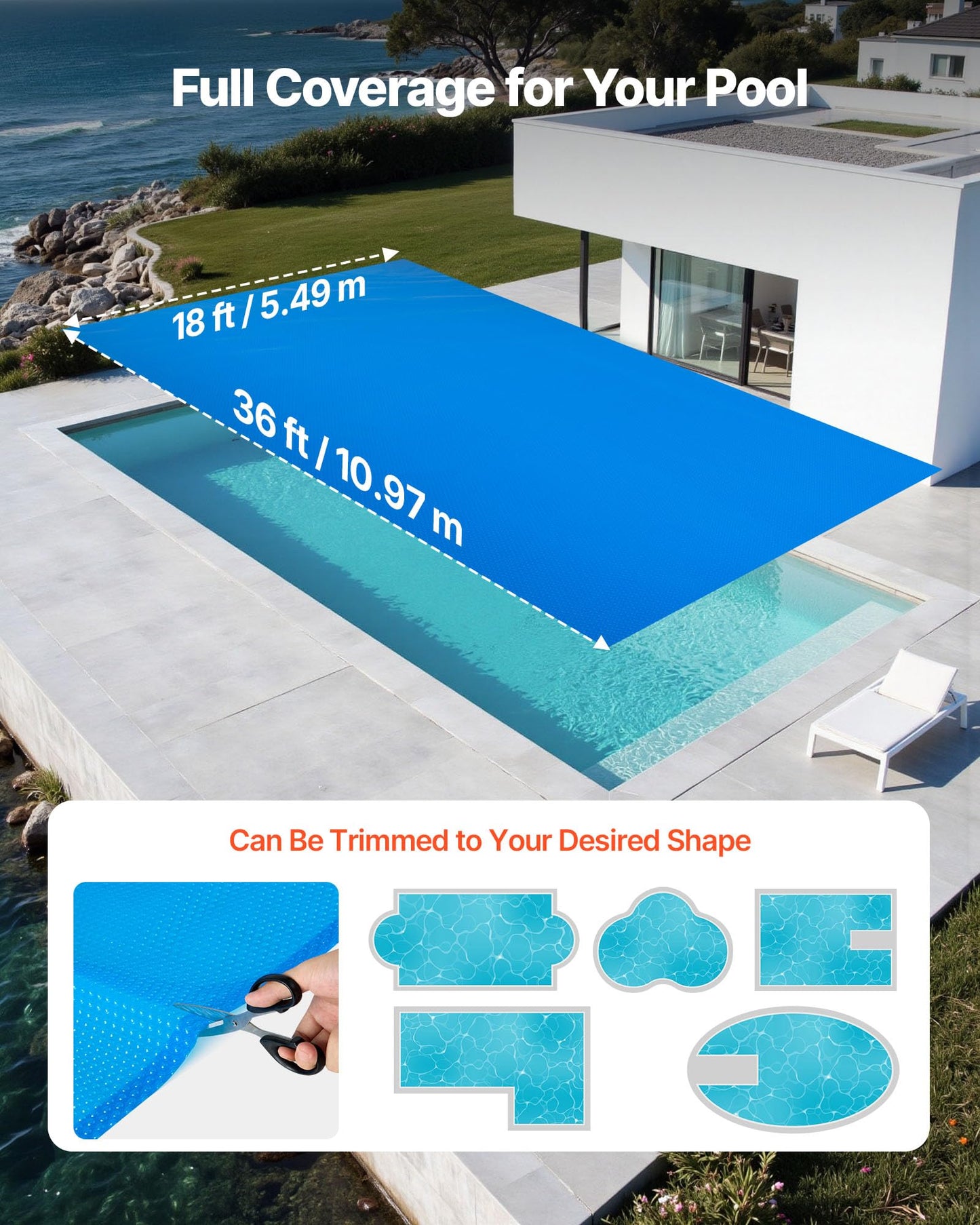 VEVOR Solar Pool Cover, 36 x 18 ft Rectangle Pool Bubble Cover, 8 Mil Pools Solar Blanket with Bubble & PE Material, Daytime Heat Absorption, Nighttime Heat Retention, Heat Retaining Solars Covers