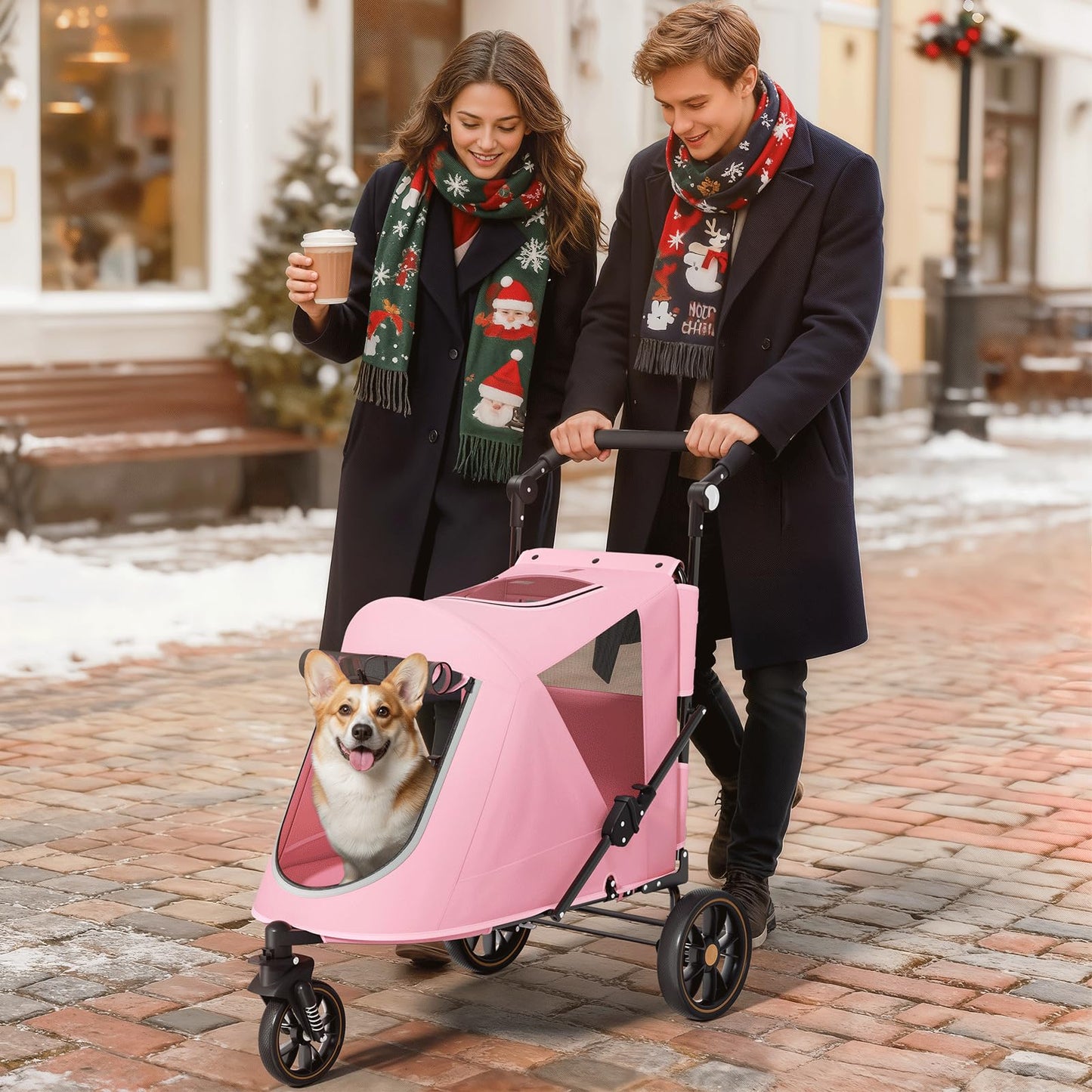 Magshion Pet Stroller for Medium Dogs w/Adjustable Handle, 3-Wheel Dog Cat Wagon w/Dual Entry, Rear Storage, Breathable Mesh, One-Foot Brake, Ideal for Large Pets up to 55 lbs, Pink