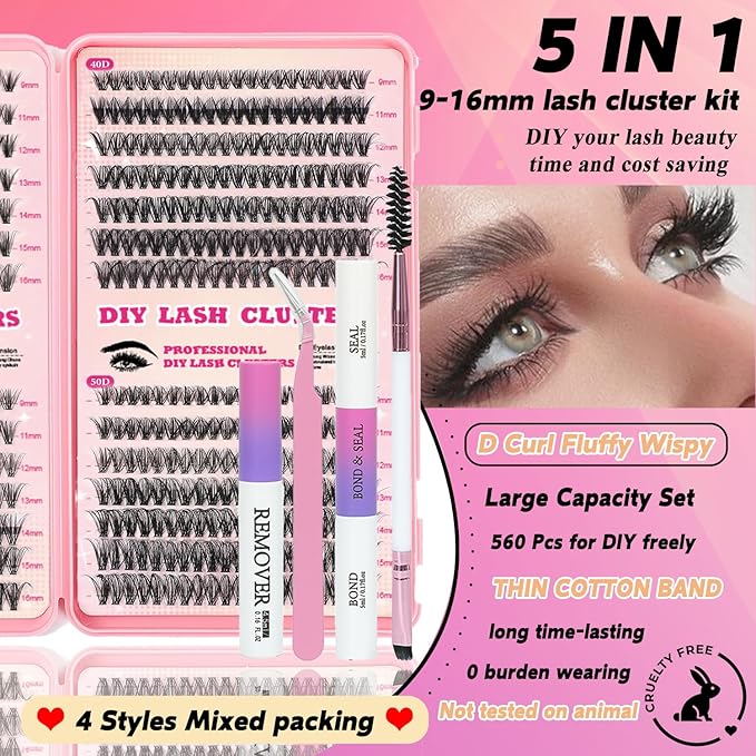 Lash Clusters Kit, 560 Pcs Eyelashes Clusters Kit 9-16mm Individual Lash Extension Kit D Curl Fluffy Wispy False Eyelashes (20D+30D+40D+50D, Lash Clusters Kit)