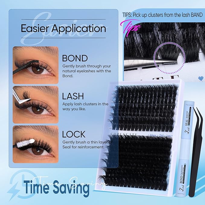 CORUSCATE Lash Clusters Kit 160D+260D Eyelash Clusters 12-24mm Long Lash Extension Kit thick Cluster Eyelash Extensions Volume Strip Mink Lashes Individual Dramatic Lash Kit with Lash Bond and Seal