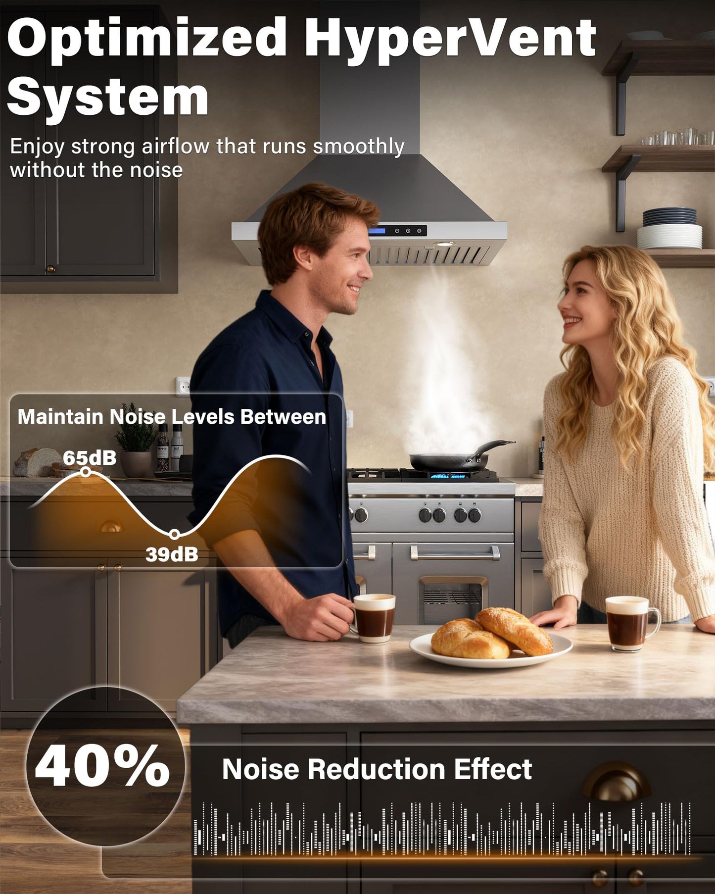 FlyPine 36 inch Stainless Steel Wall Mount Range Hood - 900 CFM, Ultra-Quiet 4-Speed Vent, Touch/Remote Control LCD, LED Lights, Ducted/Ductless Convertible