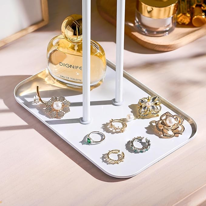 pickpiff Necklace Holder Jewelry Organizer Stand Ã¢ÂÂ 2Ã¢ÂÂTier TÃ¢ÂÂBar Jewelry Display Tree with Tray for Countertop Necklace Bracelet Earring Storage, Vanity Dresser Bathroom Sink, White