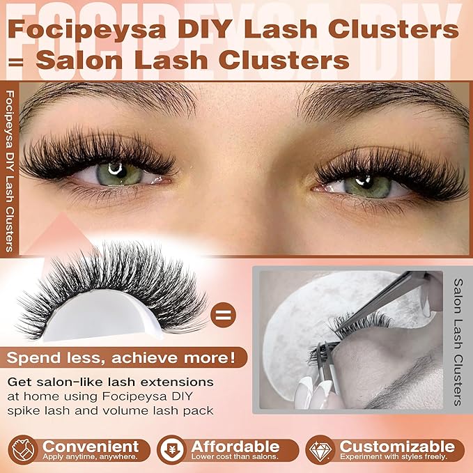 Focipeysa Volume Lash Clusters Kit D Curl Lashes Extensions Thick Volume Eyelash Clusters DIY Eyelash Extension with Lash Glue Lash Bond and Seal 10-16mm Fluffy Cluster Eyelash Extension DIY Lashes