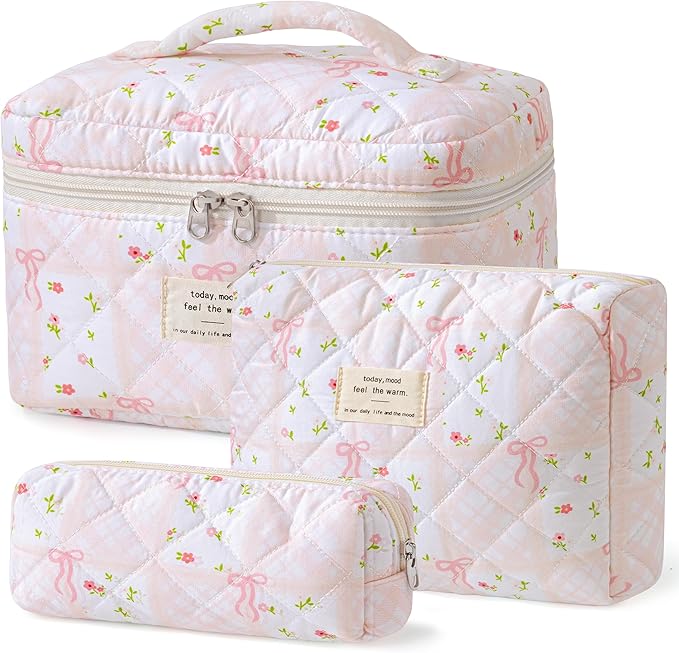 HBselect Quilted Makeup Bag, 3PCS Cotton Large Travel Makeup Bag, Cute Floral Coquette Make up Bag Cosmetic Bag Toiletry Bag for Women Girls