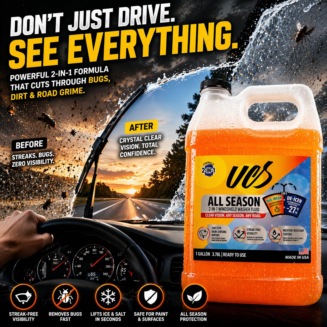 UCS Windshield Washer Fluid All Season -27°F, Freeze Protection, Water Repellent & Bug Remover, Streak-Free, 1 Gallon (128 fl oz)