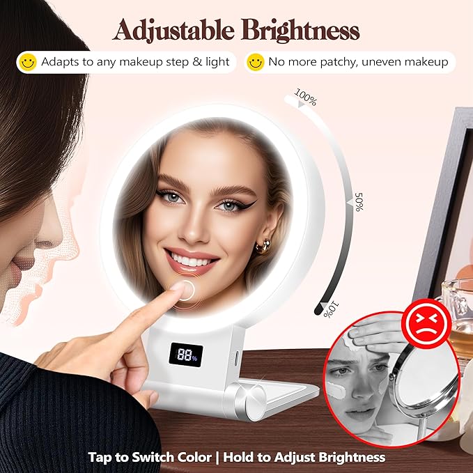 B Beauty Planet Magnifying Mirror with Light 30X, 2000mAh 1X/ 30X Magnifying Makeup Mirror with Standable Base & Tweezers, 3 Color Modes with Adjustable Brightness& Smart Display, Foldable for Travel