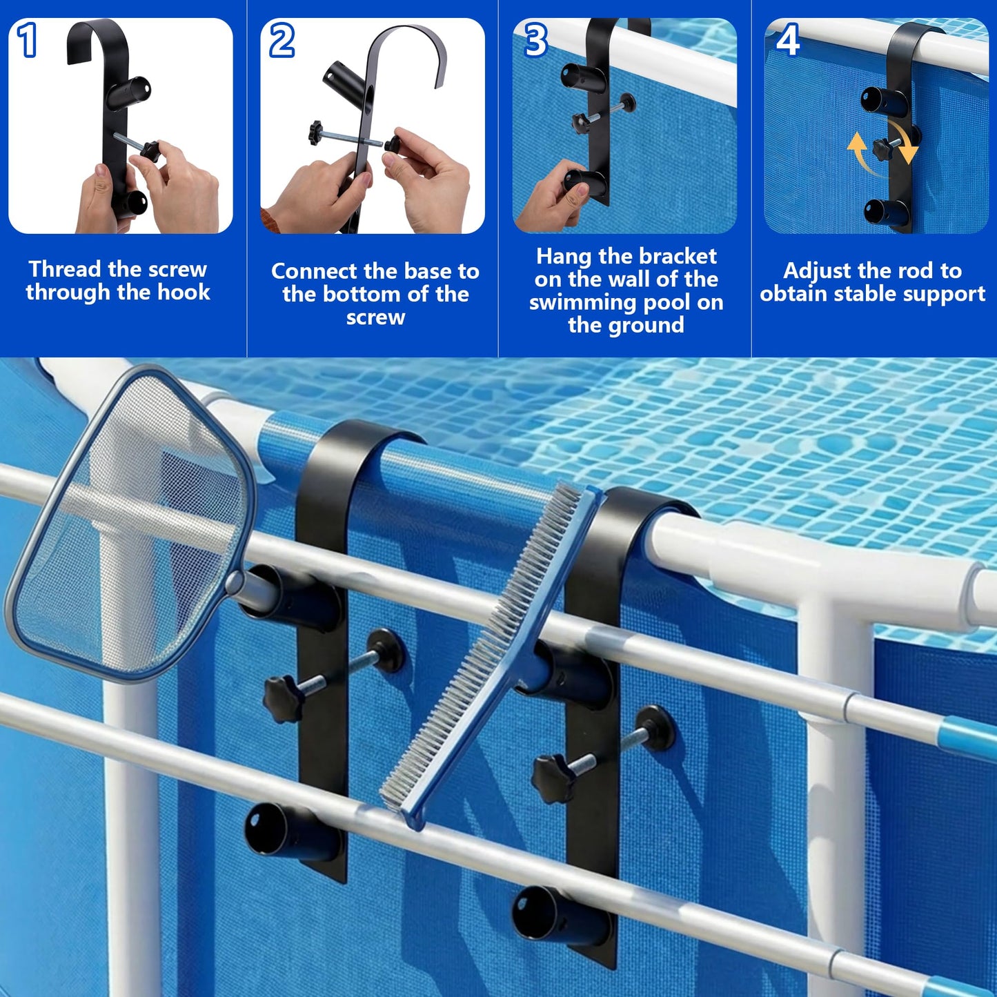 codree 2 Pcs Pool Leaf Skimmer Net Holder, Adjustable Above Ground Pools Hooks, Swimming Pool Pole Hangers for Hanging Tool, Hose, Leaf Rakes, Nets Pool-Accessories