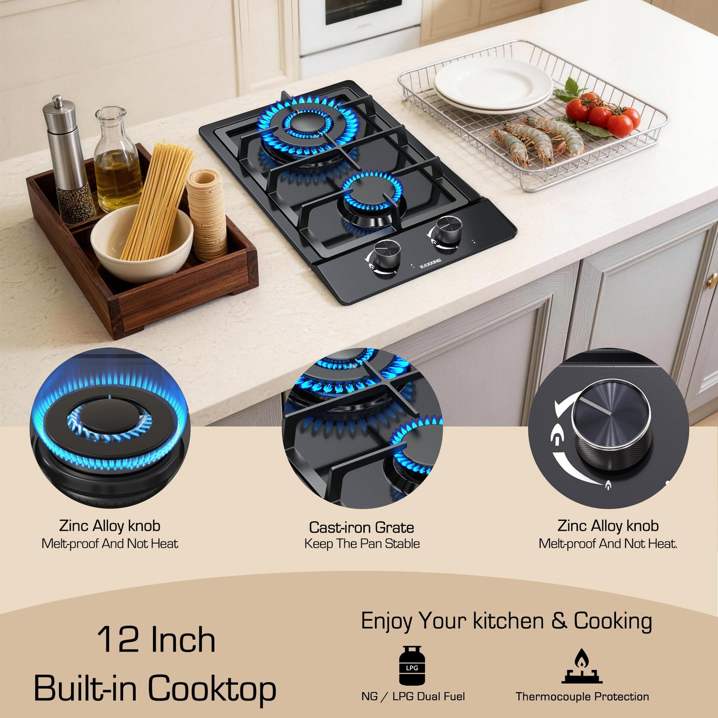2 Burner Gas Cooktop, 12 Inch Built-in Propane Stove Top, NG/LPG Dual Fuel with Thermocouple Protection, Black Enamel Cooktop for Apartment & RV