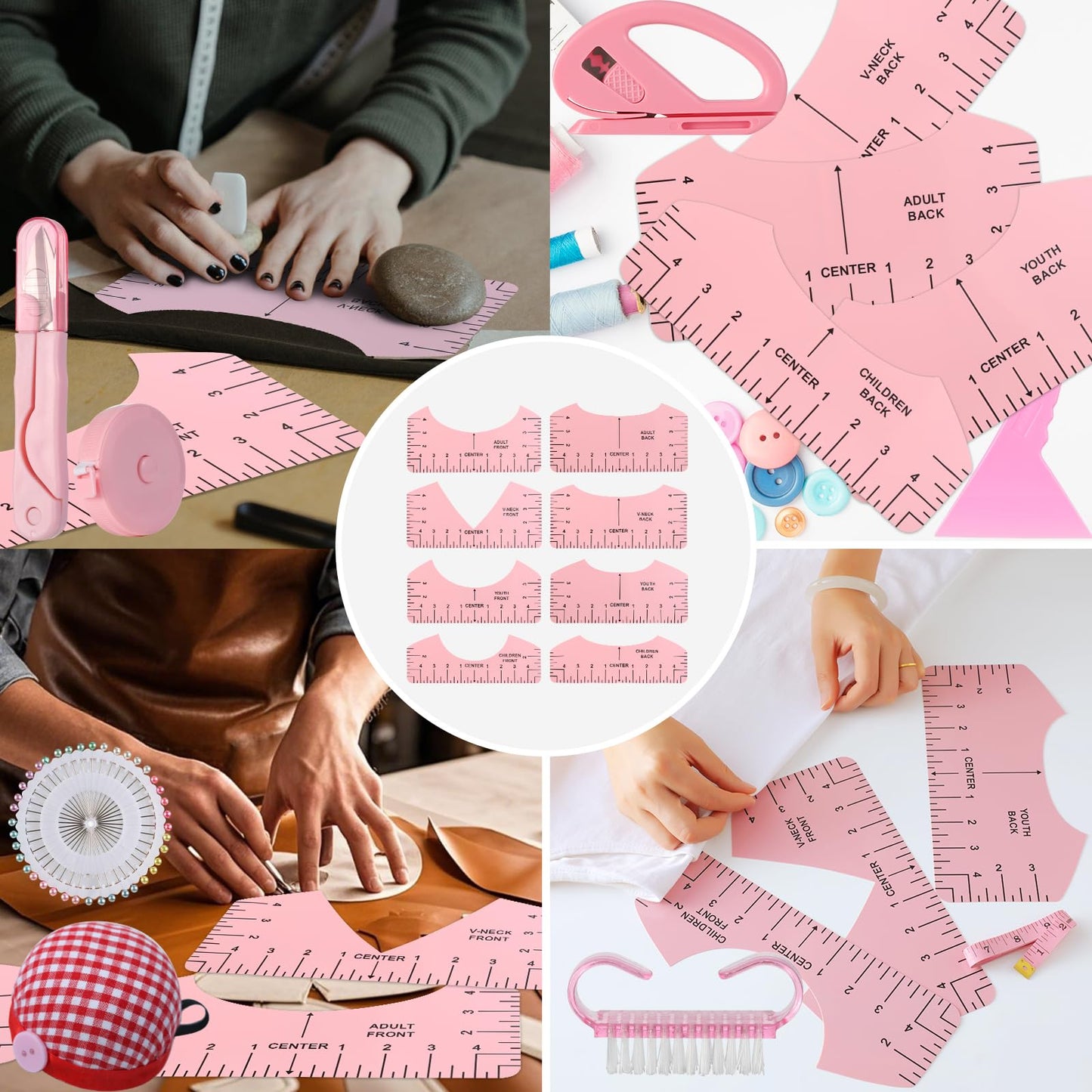 XEUZK Sublimation Shirts Tool Pink Kit With 8T Shirt rulers, 3Pack Teflon Sheet for Heat Press 12 x 16in, Heat Resistant Gloves & Silicone Bumps, 4Rolls Heat Resistant Tape& Tape Dispenser Sublimation