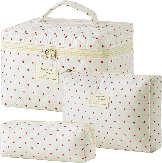 HBselect Quilted Makeup Bag, 3PCS Cotton Large Travel Makeup Bag, Cute Floral Coquette Make up Bag Cosmetic Bag Toiletry Bag for Women Girls