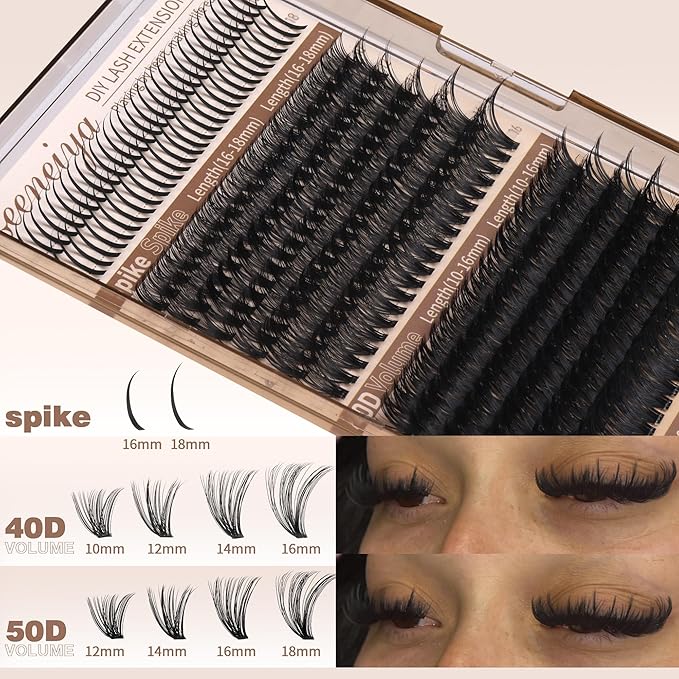 Geeneiya Volume Lash Clusters Kit with 16-18MM Spikes Eyelash Clusters 10-18MM DIY Lash Extension Kit D Cluster Eyelash Extensions Individual Lashes with Lash Bond and Seal, Tweezers for Beginners