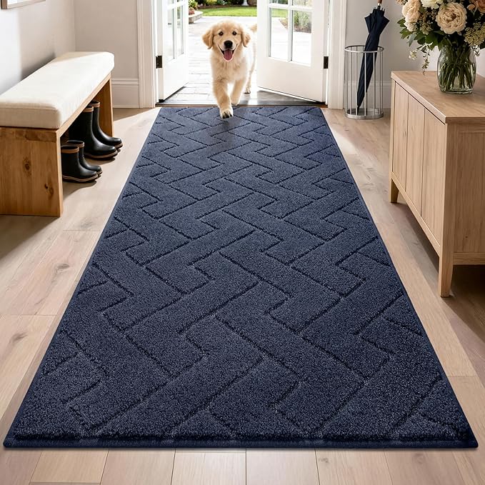 PURRUGS Dirt Trapping Door Mat 32" x 70", Non-Slip Machine Washable Entry Rug, Dog Doormat, Indoor Front Door Mat, Super Absorbent Entryway Rug for Muddy Shoes & Paws, Navy Blue