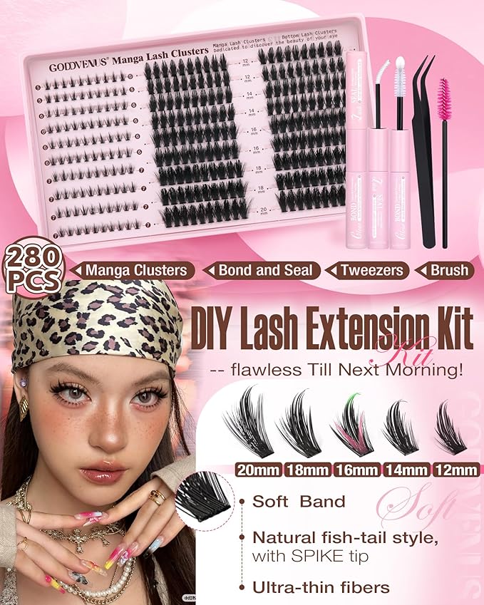 Goddvenus Manga Lash Clusters Kit Natural 280Pcs Cluster Eyelash Extensions Kit Wispy Anime Eyelash Clusters Fairy Fluffy DIY Individual Lash Extensions Kit C Curl 12-20mm