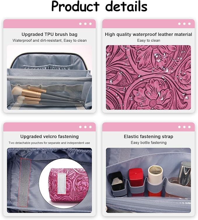 BOYATU Travel Makeup Bags Cosmetic Organizer Bag: 3 Pcs Set Large Capacity Floral Make up Bag with Compartments - Waterproof Leather Toiletry Bags with Handle for Women (20-Red)