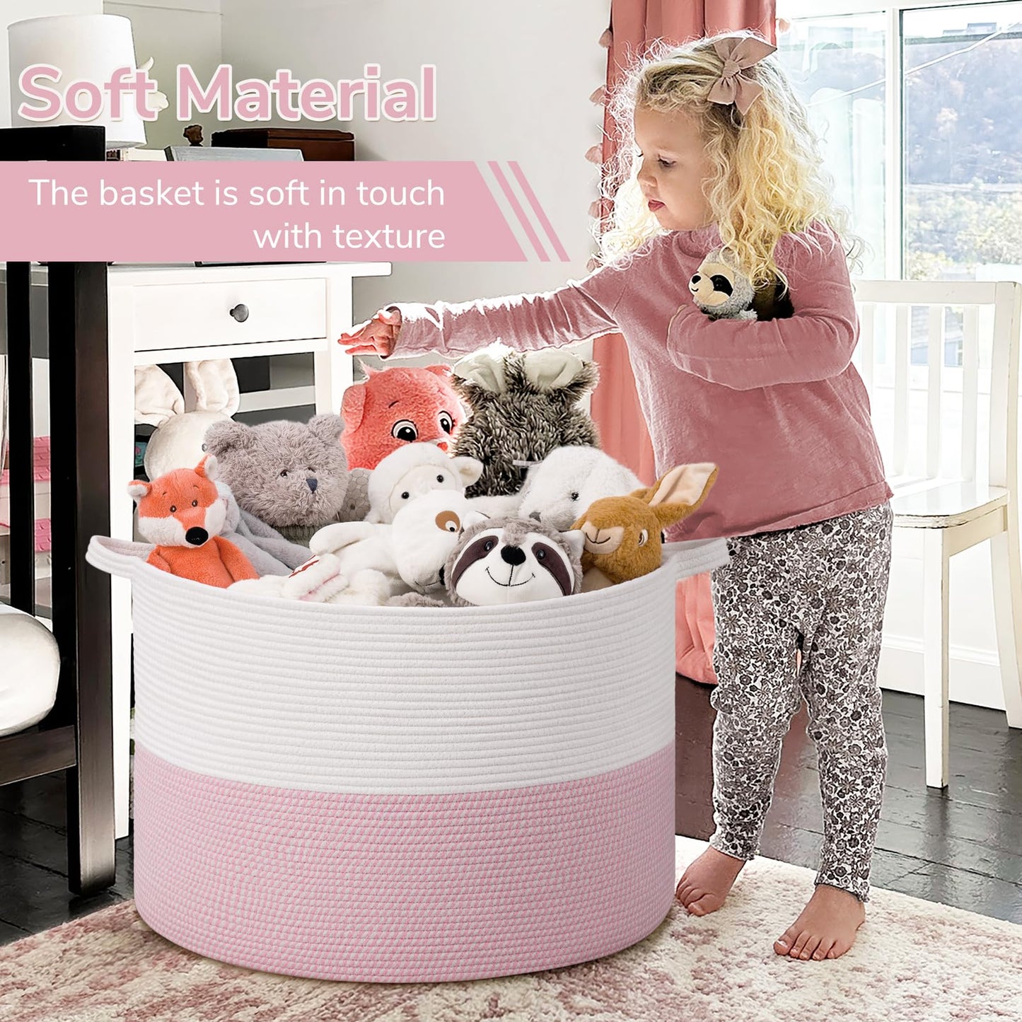 INDRESSME 115L Extra Large Pink Laundry Basket for Nursery Stuffed Animal Storage, Blanket Rope Baby Baskets Kids Toy Organizer Dorm Room Essentials for Girls, Pink