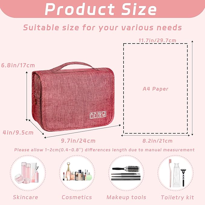 Toiletry Bag Travel Bag with Hanging Hook, Waterproof Capacity Hanging Multifunctional Makeup Bag for Toiletries, Portable Cosmetic Bag Travel Organizer for Women and Men (Red)