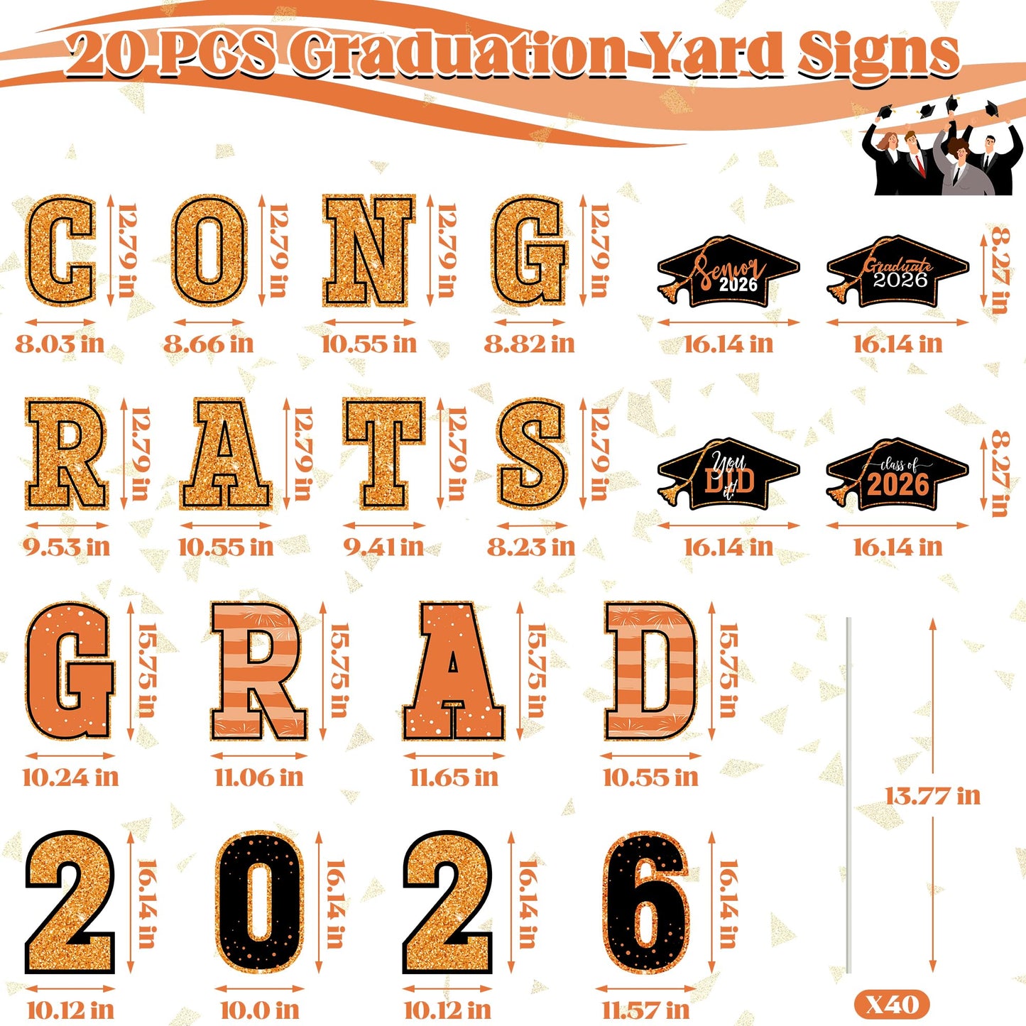 20 Pieces Graduation Yard Signs 2026, Class of 2026 Congrats Grad Yard Sign, Orange Congratulations Yard Signs with Stakes, Plastic Graduation Yard Decorations for College School GRAD Party Supplies