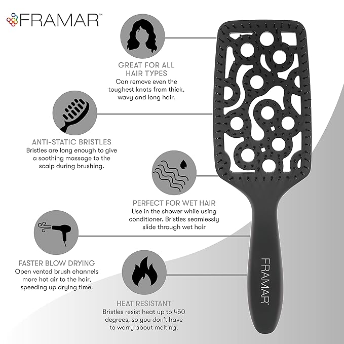 FRAMAR Professional Vented Hair Brush – Curved Hair Brush For Blow Drying, Wet Paddle Brush For Hair, Vent Brush For Blow Drying, Wet Hairbrush For Women – Heat Resistant - Black