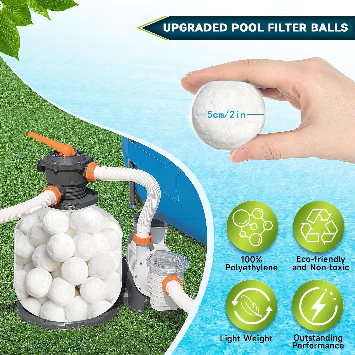 Vahlbeste 5.0 Lbs Pool Filter Balls for Sand Filter, Reusable Eco-Friendly Sand Filter Balls (Equals 225lbs Pool Filter Sand), Pool Filter Media Balls with Filter Bag, Filter Balls for Swimming Pools