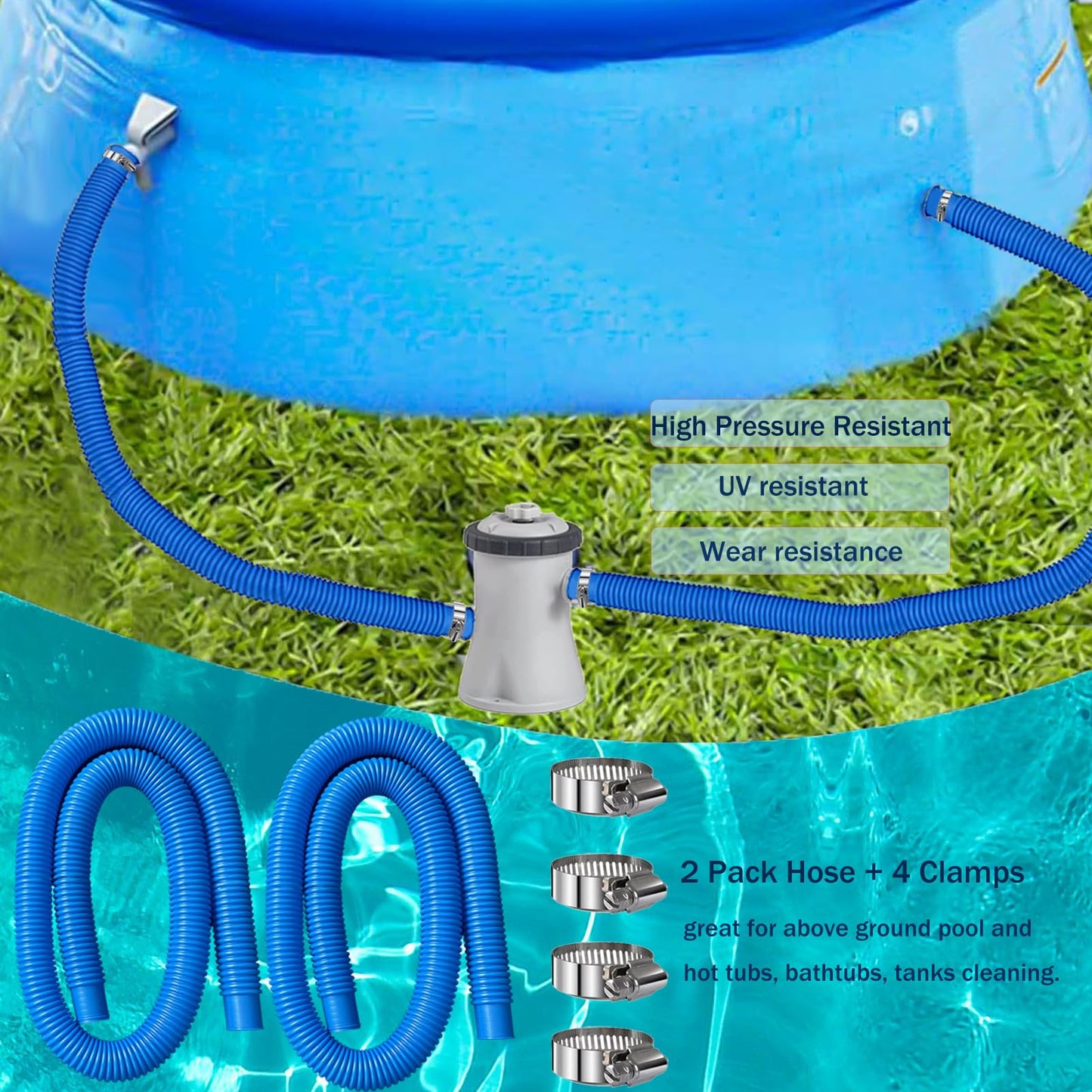 Hxxyilok Pool Hoses Pool Pump Replacement Hose, 1.25 x 59 inch Above Ground Pool Hoses Tubes Compatible with Intex Filter Pump 607, 603, 637, 2 Pack Hose 4 Clamps Poolhose-2Pcs