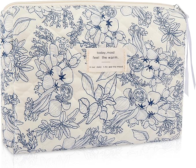 Large Makeup Bag, Cute Cosmetic Bag for Women Girls, Floral Coquette Aesthetic Toiletry Bag, Travel Make Up Organizer Bag (Navy Blue)