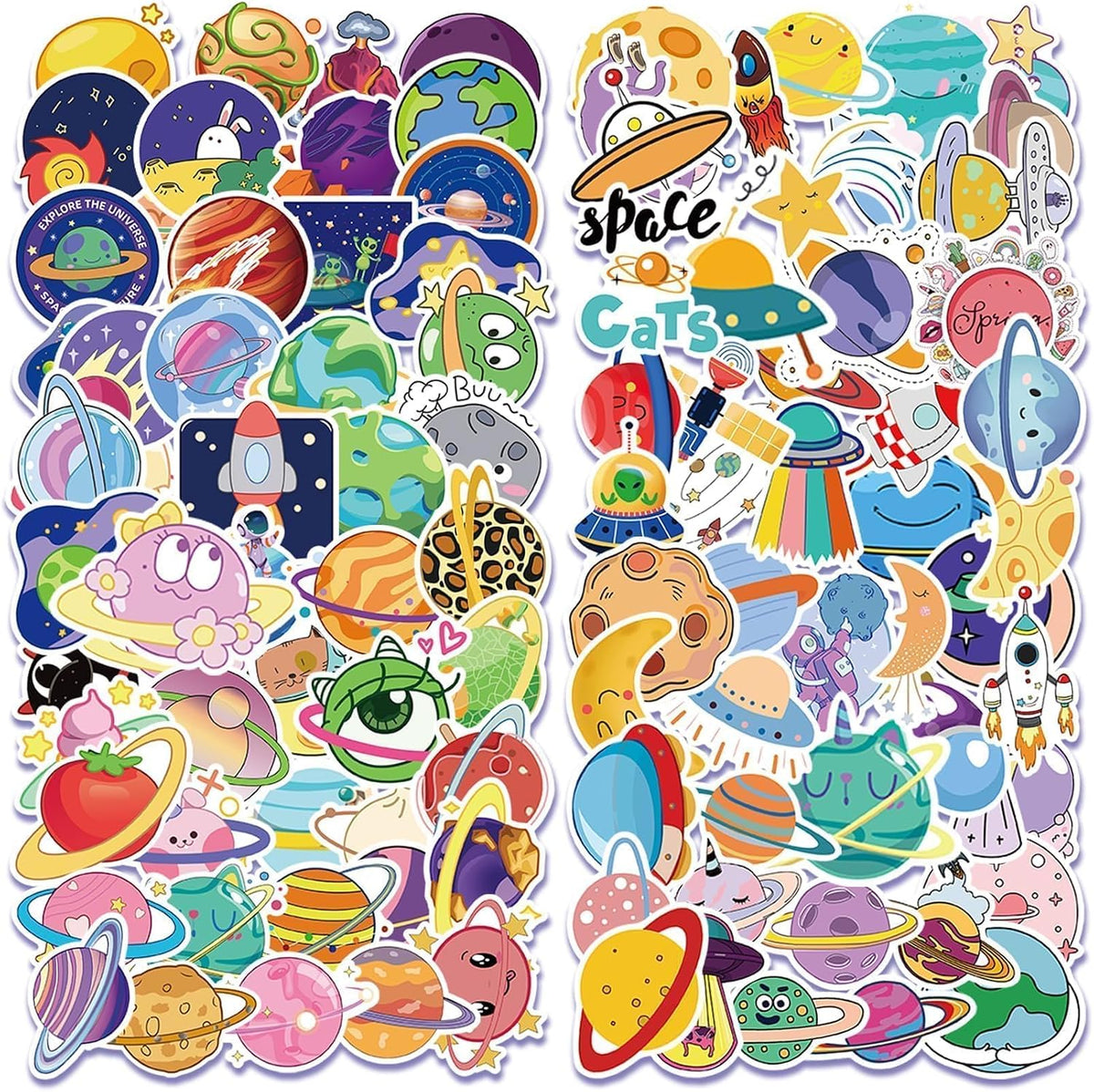100 PCS Cartoon Planet Space Star Stickers, Fantastic Cute Cartoon Planet and UFO Water Bottle Laptop Car Computer Skateboard Suitcase Decal, Moon and Star Stickers, PP/Polypropylene Waterproof Decal