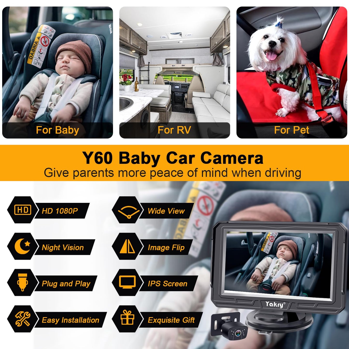 Yakry Baby Car Camera for Backseat - HD 1080P, 170° Wide Angle, Night Vision, 360° Rotation, Safe for Babies, Easy Install, Rear-Facing Baby Car Mirror for Parents Y60