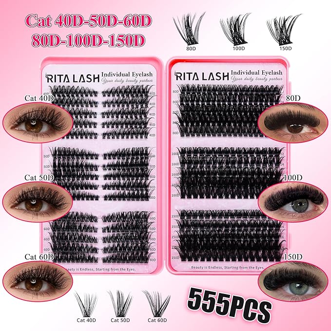 Lash Clusters Kit DIY Lash Extension Kit 3 Boxes Cluster Lashes 1930Pcs Cluster Eyelash Extensions Wispy Eyelash Clusters with Lash Bond&Seal,Gift Packs for Beginners Bulk Pack(12 Counts Lash Kit-1)