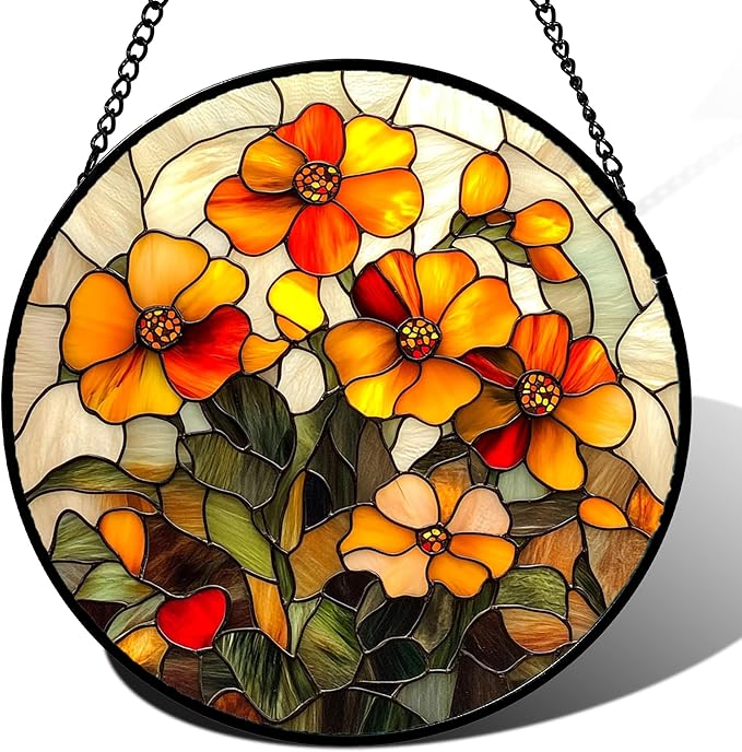 CRISGIF Stained Glass Window Hanging - Orange Marigolds Flowers Suncatcher for Door Garden Yard Sun Catchers Decor Christmas Mother's Day Birthday Gifts for Women Mom Nana Girlfriend Men 11.8 in