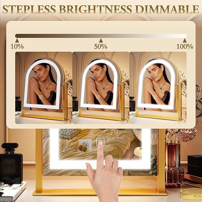 ROLOVE Lighted Makeup Mirror with 3-Color Dimmable Lighting, with Removable 10x Magnifier, Smart Touch Control, 360° Rotation, 15" x 13" Hollywood Vanity Mirror for Tabletop Desk (Gold)