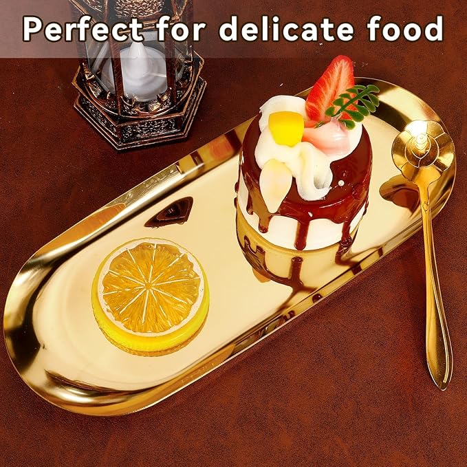 2PACK Gold Decorative Tray,Oval Stainless Steel Trays, Decorative Tray for Jewelry Dish Cosmetics Organizer Bathroom Clutter Serving Platter (Gold, 9 in)