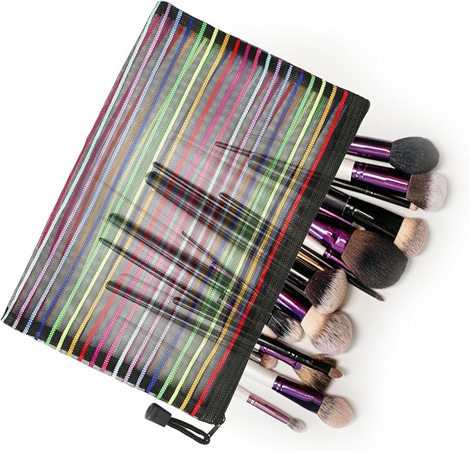 Mesh Bags with Zipper (6 Pack), Nylon Makeup Bag Cosmetic Pouches Travel Organizer Case for Purse Diaper Bag Home Organizing Striped Multi Size Black