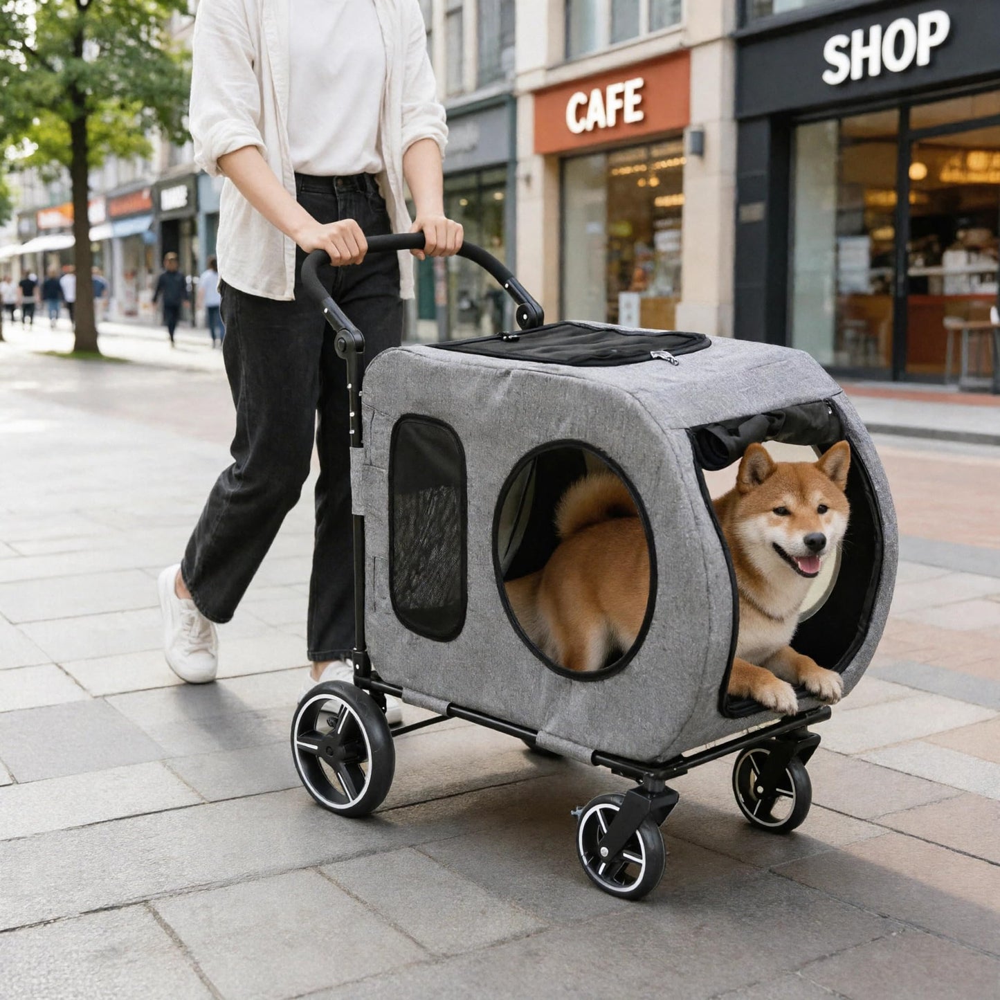 Saudism Large Dog Stroller for Medium Dogs，Pet Stroller for 2 Small Dogs, Foldable Jogger Wagon with Detachable Carrier for Car Seat, Adjustable Handle, Up to 90 lbs, Gray