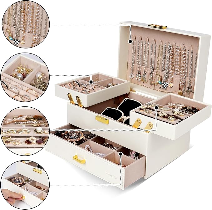 Dajasan Jewelry Organizer Box, Large Jewelry Boxes for Women Girls, Compact 3 Layers Jewelry Storage Case with Drawer, Movable Metal Stand, Modern, Gift Idea (Cloud White + Gold)