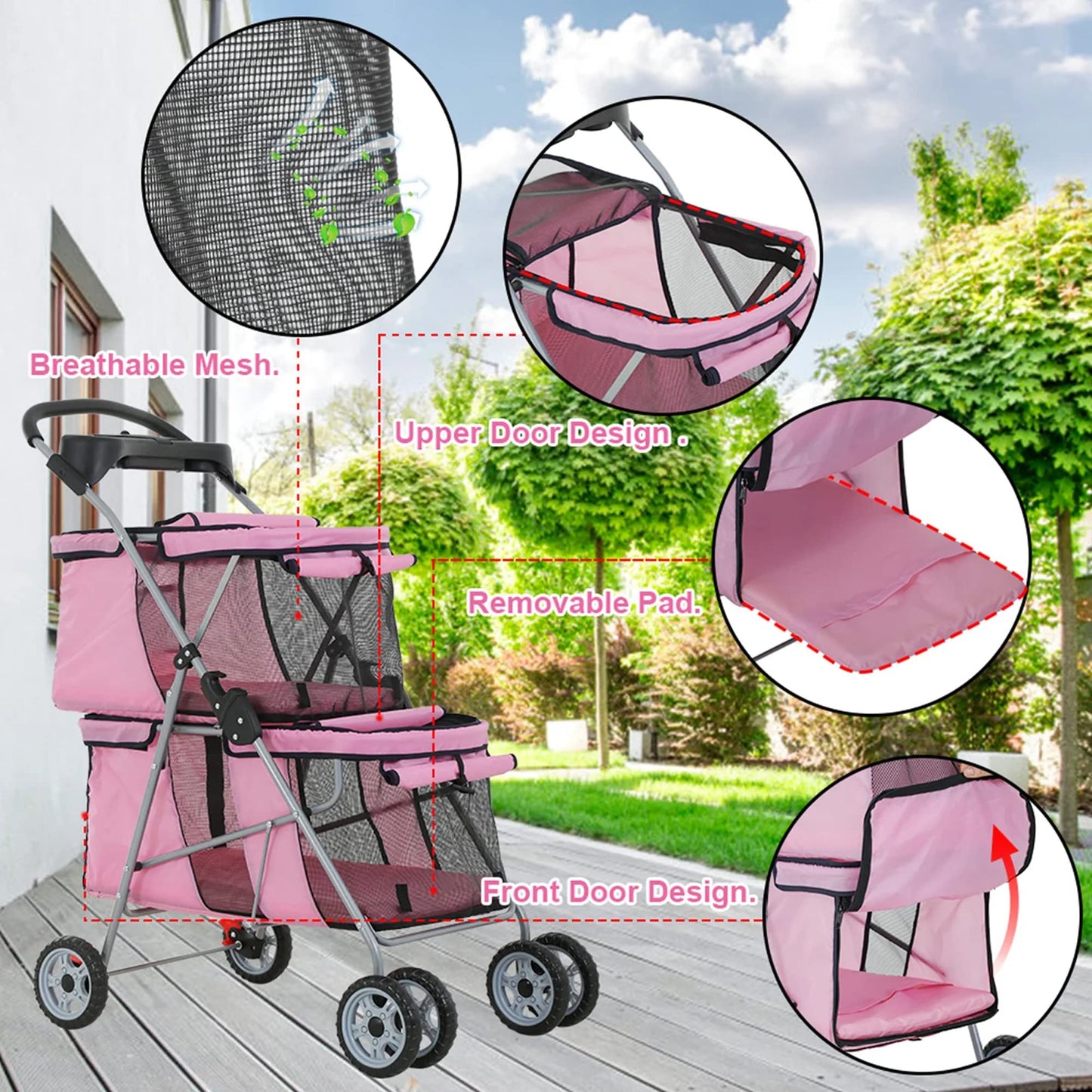 Double Layer Dog Stroller for 2 Small Dogs/Cats, 4 Wheels Pet Jogger With Removable Liner, Storage Basket, Rear Wheel Break - Folding Double Decker Portable Crate