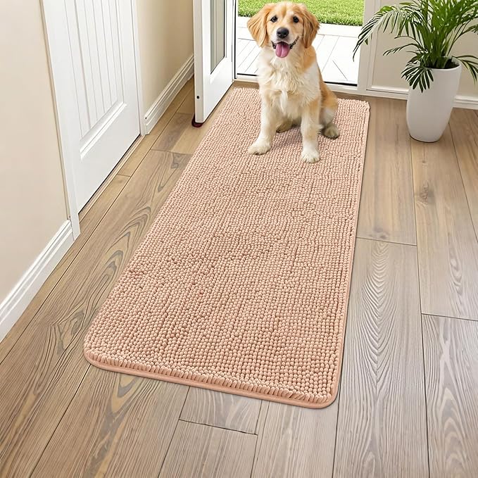 Smiry Dog Door Mat for Muddy Paws 47x24, Absorbs Moisture and Dirt Doormat, Non-Slip Washable Quick Dry Chenille Front Door Mat Indoor Entrance, Entryway Carpet for Inside Floor, Peach