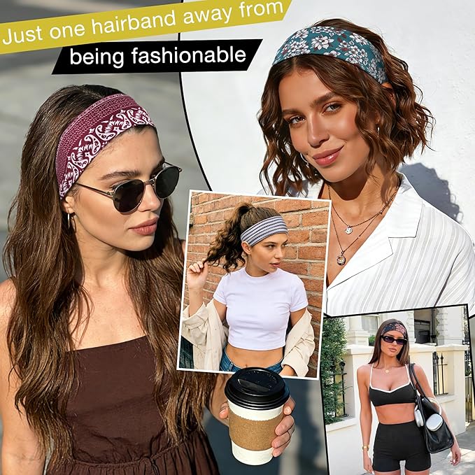 Ztomine 8 Pack Headbands for Women Non Slip - Stylish Sports Hair Bands for Women's Hair - Soft Cotton Cloth Stretchy Headbands for Women for Yoga, Outdoor Exercise Running