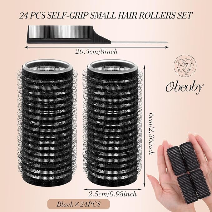 24 Pcs Self-Grip Small Hair Rollers Set, No Heat Curlers for Women Short Hair and Bangs - Overnight Use at Home Travel for Creating Waves and Curls (25mm, Black)