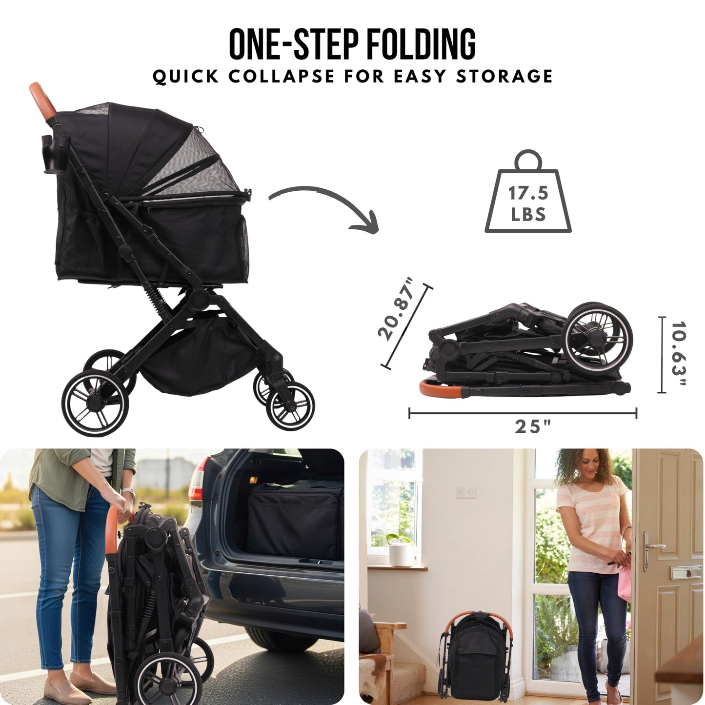 Bicystar Pet Stroller for Small Medium Dogs Cats Up to 45 lbs, Travel Lite Collapsible, All Terrain 4 Wheels for Jogging, Running, Black