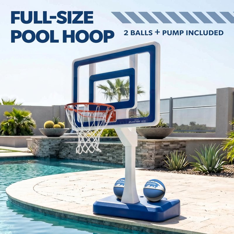 GoSports Splash Hoop Elite Pool Hoop Basketball Game with Water Weighted Base, Adjustable Height, Regulation Steel Rim and 2 Pool Basketballs - Blue