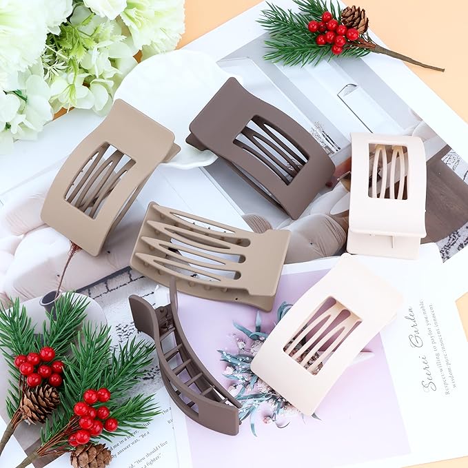 6 Pack Flat Hair Claws Clips for Women, Large Extra Strong & Thick Clips for Thick Fine Hair Styling, Secure Hair Hold Matte Dark Light Brown