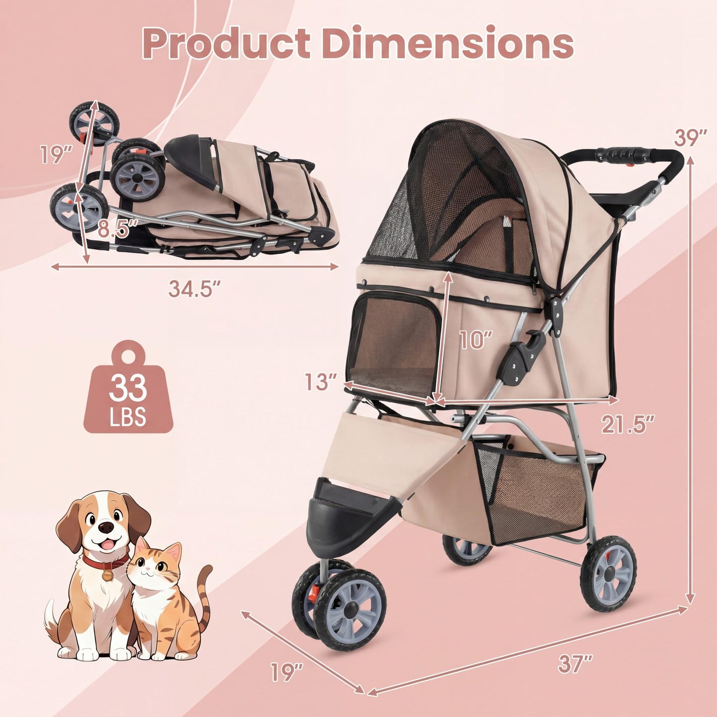 Giantex 3 Wheel Foldable Dog Stroller for Small Dogs Cats, Lightweight Pet Stroller with Lockable Wheels, One-Hand Quick Fold, Mesh Windows, Safety Leash & Storage Basket, Pet Travel Stroller (Beige)