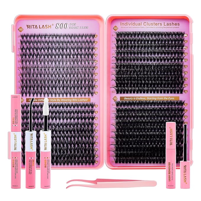 RITALASH Lash Extension Kit DIY Lash Clusters 800pcs Cluster Lashes Individual Lashes Book Set Eyelash Extension Kit with Lash Bond and Seal,Lash Remover,Lash Tweezers(20D+40D+60D+100D Kit,8-16mm)