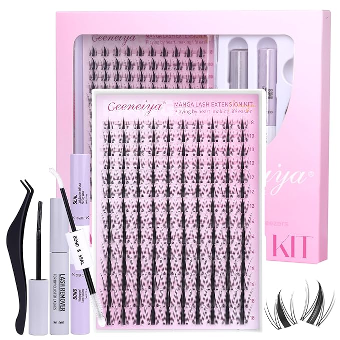 Geeneiya Manga Lashes Clusters Kit DIY Lash Extension, 8-18MM Invisible Lash Clusters, Soft Band Cluster Eyelash Extensions Kit with Waterproof Lash Bond and Seal, Lash Remover, Tweezers for Beginners